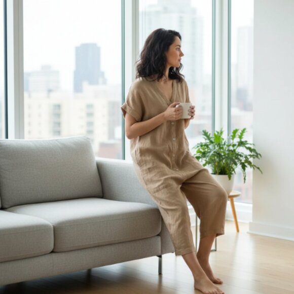 Made In Italy Womens Medium Linen Vneck Button Tan Romper - Picture 1 of 13